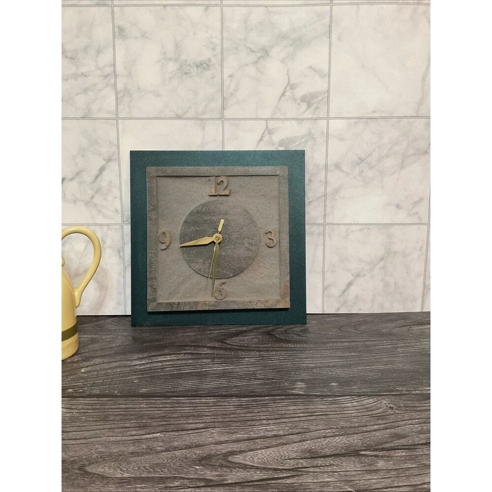 Rustic Slate,metal Clock W/ Green Border, Brownish Face,gold Brass Clock Hands